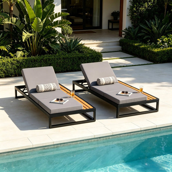 English Elm Black Iron Outdoor Chaise Lounge with Acacia Wood Accents and 5 Position Adjustable Backrest N770P453069B_65429.00CUSHDGRY