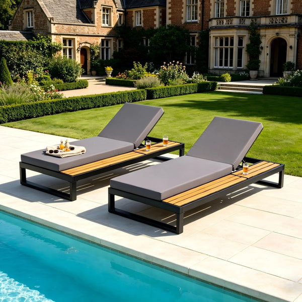 English Elm Black Iron Outdoor Chaise Lounge with Acacia Wood Accents and 5 Position Adjustable Backrest N770P453069B_65429.00CUSHDGRY