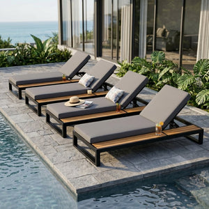 English Elm Black Iron Outdoor Chaise Lounge with Acacia Wood Accents and 5 Position Adjustable Backrest N770P453069B_65429.00CUSHDGRY