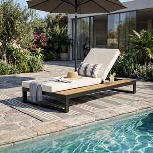 English Elm Black Iron Teak Outdoor Chaise Lounge with Cushion and Built-In Side Table for Patio N770P453069B_65429.00CUSH