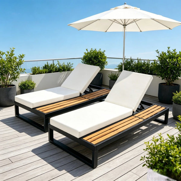 English Elm Black Iron Teak Outdoor Chaise Lounge with Cushion and Built-In Side Table for Patio N770P453069B_65429.00CUSH