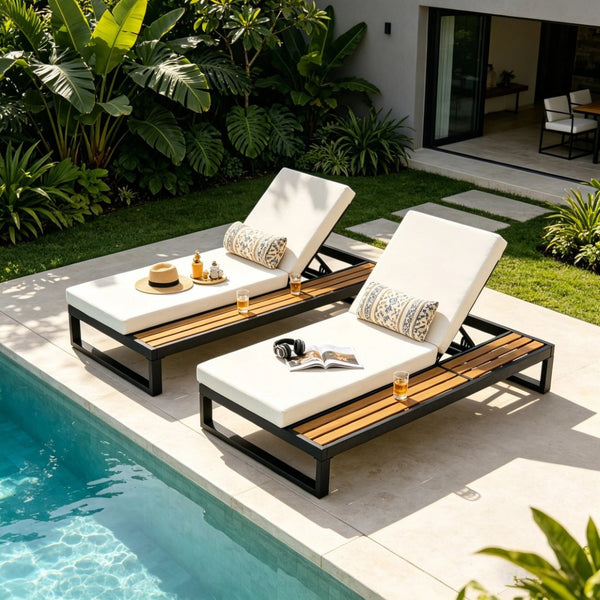 English Elm Black Iron Teak Outdoor Chaise Lounge with Cushion and Built-In Side Table for Patio N770P453069B_65429.00CUSH