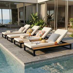 English Elm Black Iron Teak Outdoor Chaise Lounge with Cushion and Built-In Side Table for Patio N770P453069B_65429.00CUSH