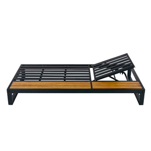 English Elm Black Iron Acacia Wood Outdoor Chaise Lounge with 5 Reclining Positions for Patio Use N770P453069B