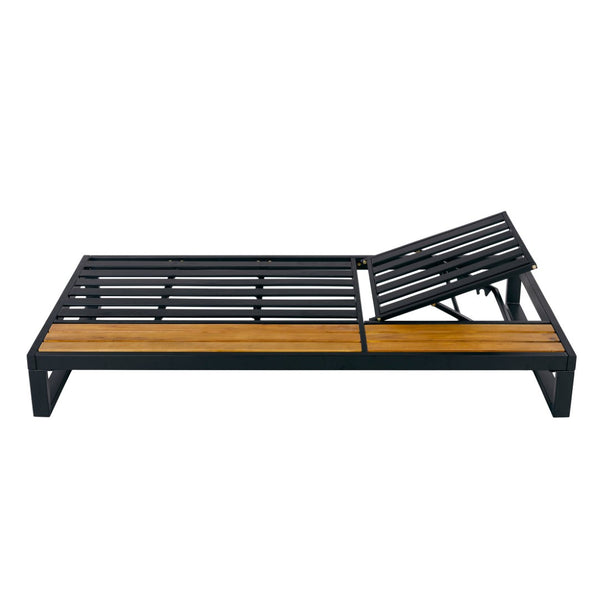 English Elm Black Iron Acacia Wood Outdoor Chaise Lounge with 5 Reclining Positions for Patio Use N770P453069B