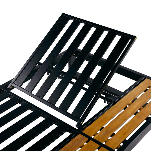 English Elm Black Iron Acacia Wood Outdoor Chaise Lounge with 5 Reclining Positions for Patio Use N770P453069B