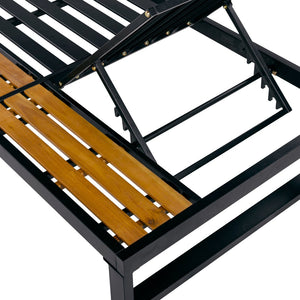 English Elm Black Iron Acacia Wood Outdoor Chaise Lounge with 5 Reclining Positions for Patio Use N770P453069B