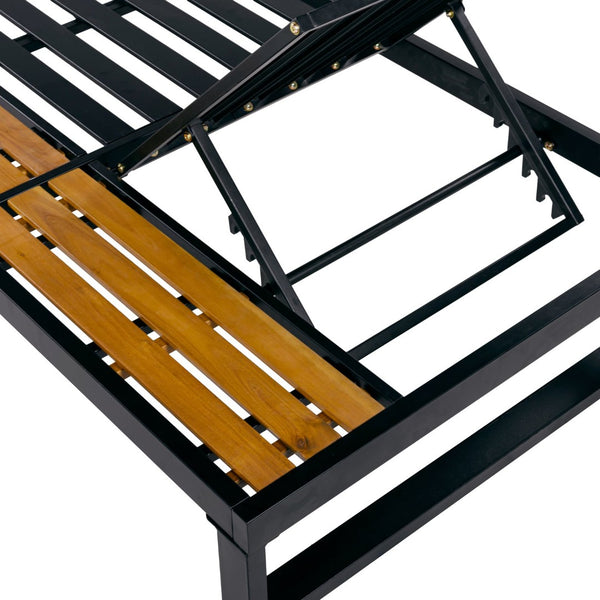 English Elm Black Iron Acacia Wood Outdoor Chaise Lounge with 5 Reclining Positions for Patio Use N770P453069B