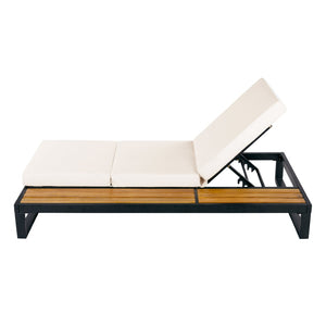 English Elm Black Iron Acacia Wood Outdoor Chaise Lounge with Adjustable Backrest and Side Tray Cream N770P453069B_N770P208317C