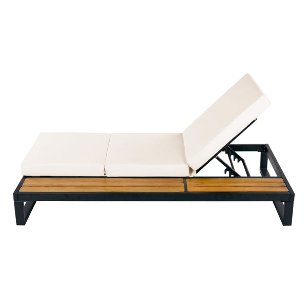 English Elm Black Iron Acacia Wood Outdoor Chaise Lounge with Adjustable Backrest and Side Tray Cream N770P453069B_N770P208317C