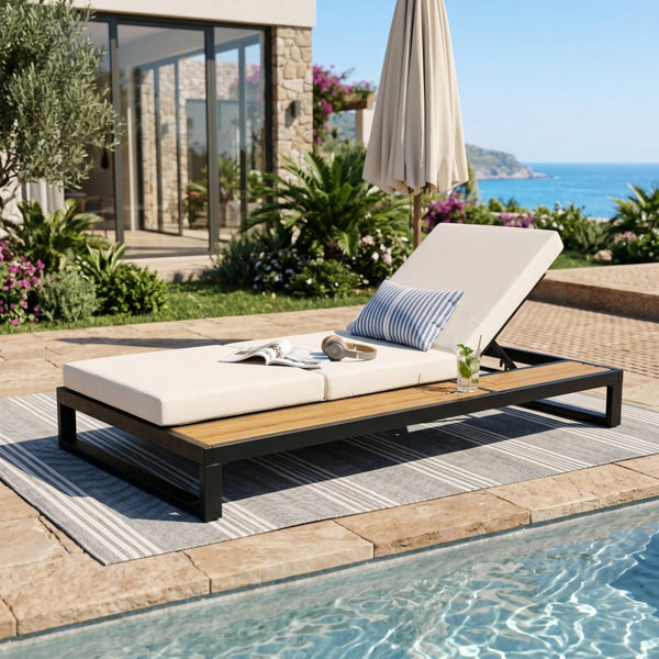 English Elm Black Iron Acacia Wood Outdoor Chaise Lounge with Adjustable Backrest and Side Tray Cream N770P453069B_N770P208317C