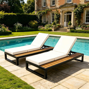 English Elm Black Iron Acacia Wood Outdoor Chaise Lounge with Adjustable Backrest and Side Tray Cream N770P453069B_N770P208317C