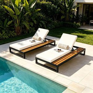 English Elm Black Iron Acacia Wood Outdoor Chaise Lounge with Adjustable Backrest and Side Tray Cream N770P453069B_N770P208317C