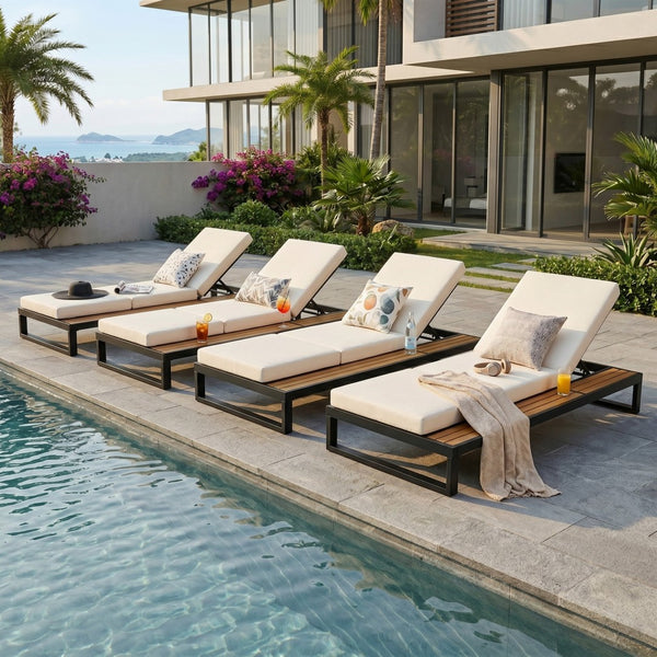 English Elm Black Iron Acacia Wood Outdoor Chaise Lounge with Adjustable Backrest and Side Tray Cream N770P453069B_N770P208317C