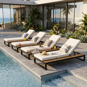 English Elm Black Iron Acacia Wood Outdoor Chaise Lounge with Adjustable Backrest and Side Tray Cream N770P453069B_N770P208317C