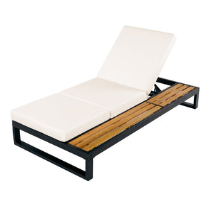 English Elm Black Iron Acacia Wood Outdoor Chaise Lounge with Adjustable Backrest and Side Tray Cream N770P453069B_N770P208317C
