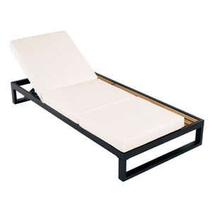 English Elm Black Iron Acacia Wood Outdoor Chaise Lounge with Adjustable Backrest and Side Tray Cream N770P453069B_N770P208317C