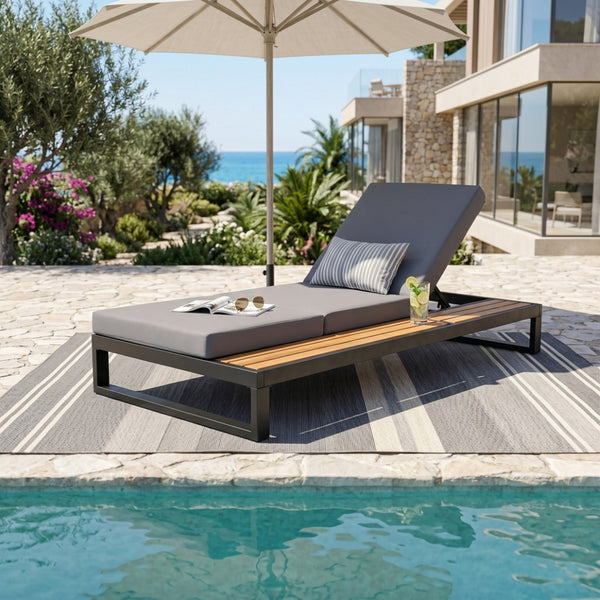 English Elm Black Iron Acacia Wood Outdoor Chaise Lounge with Adjustable Backrest and Side Tray Dark Grey N770P453069B_N770P208326G
