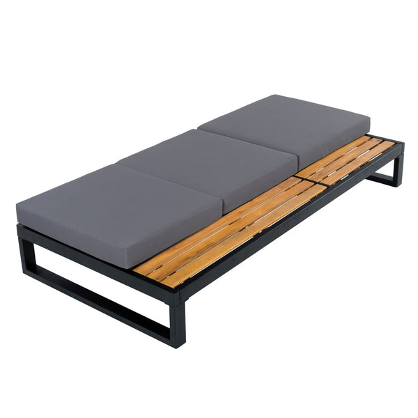 English Elm Black Iron Acacia Wood Outdoor Chaise Lounge with Adjustable Backrest and Side Tray Dark Grey N770P453069B_N770P208326G