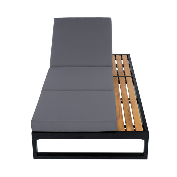 English Elm Black Iron Acacia Wood Outdoor Chaise Lounge with Adjustable Backrest and Side Tray Dark Grey N770P453069B_N770P208326G