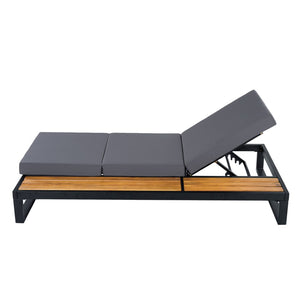 English Elm Black Iron Acacia Wood Outdoor Chaise Lounge with Adjustable Backrest and Side Tray Dark Grey N770P453069B_N770P208326G