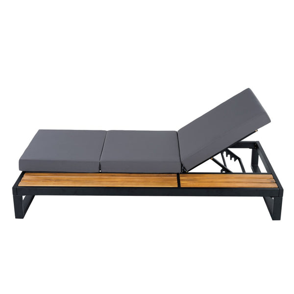 English Elm Black Iron Acacia Wood Outdoor Chaise Lounge with Adjustable Backrest and Side Tray Dark Grey N770P453069B_N770P208326G