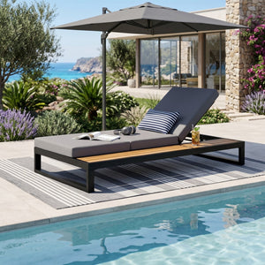 English Elm Black Iron Acacia Wood Outdoor Chaise Lounge with Adjustable Backrest and Side Tray Dark Grey N770P453069B_N770P208326G
