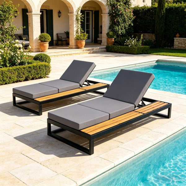 English Elm Black Iron Acacia Wood Outdoor Chaise Lounge with Adjustable Backrest and Side Tray Dark Grey N770P453069B_N770P208326G