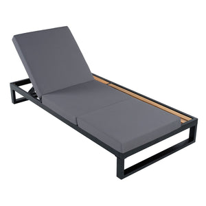 English Elm Black Iron Acacia Wood Outdoor Chaise Lounge with Adjustable Backrest and Side Tray Dark Grey N770P453069B_N770P208326G