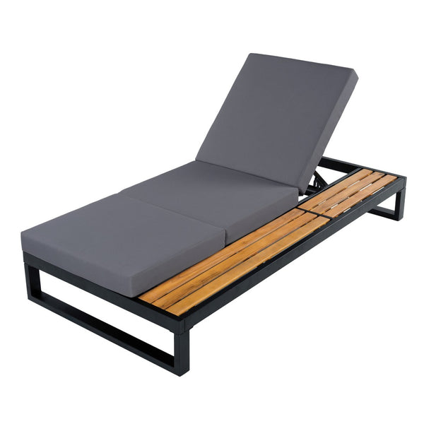 English Elm Black Iron Acacia Wood Outdoor Chaise Lounge with Adjustable Backrest and Side Tray Dark Grey N770P453069B_N770P208326G