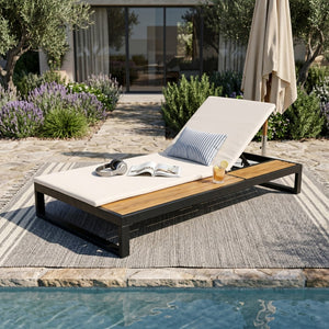 English Elm Black Iron and Acacia Wood Outdoor Chaise Lounge with Five Position Backrest Storage Cream N770P453069B_N770P253018C