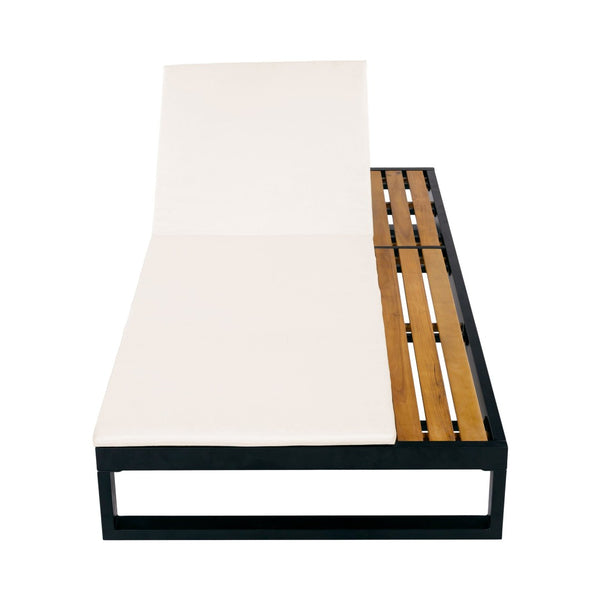 English Elm Black Iron and Acacia Wood Outdoor Chaise Lounge with Five Position Backrest Storage Cream N770P453069B_N770P253018C