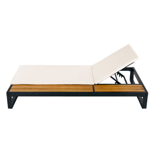 English Elm Black Iron and Acacia Wood Outdoor Chaise Lounge with Five Position Backrest Storage Cream N770P453069B_N770P253018C