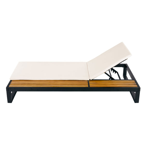 English Elm Black Iron and Acacia Wood Outdoor Chaise Lounge with Five Position Backrest Storage Cream N770P453069B_N770P253018C