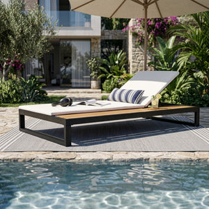 English Elm Black Iron and Acacia Wood Outdoor Chaise Lounge with Five Position Backrest Storage Cream N770P453069B_N770P253018C