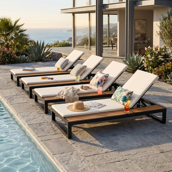 English Elm Black Iron and Acacia Wood Outdoor Chaise Lounge with Five Position Backrest Storage Cream N770P453069B_N770P253018C