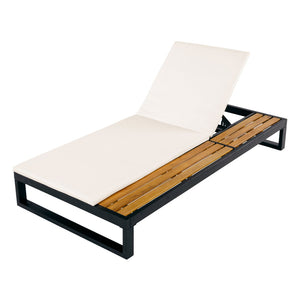 English Elm Black Iron and Acacia Wood Outdoor Chaise Lounge with Five Position Backrest Storage Cream N770P453069B_N770P253018C