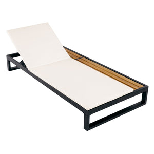 English Elm Black Iron and Acacia Wood Outdoor Chaise Lounge with Five Position Backrest Storage Cream N770P453069B_N770P253018C