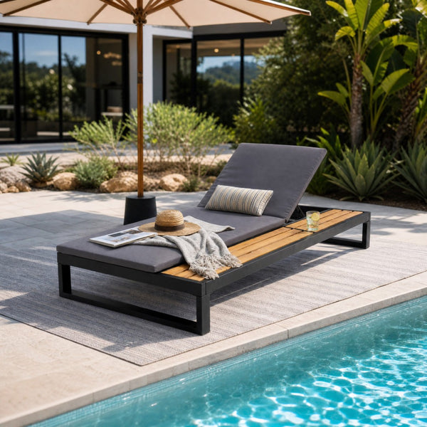 English Elm Black Iron and Acacia Wood Outdoor Chaise Lounge with Five Position Backrest Storage Dark Grey N770P453069B_N770P253018G