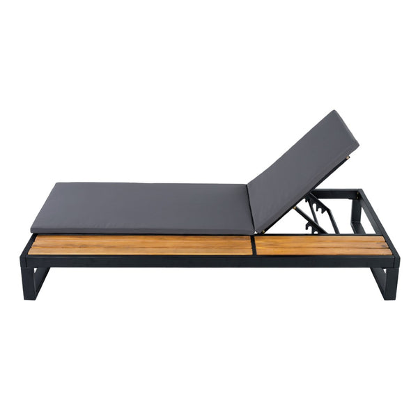 English Elm Black Iron and Acacia Wood Outdoor Chaise Lounge with Five Position Backrest Storage Dark Grey N770P453069B_N770P253018G