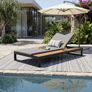 English Elm Black Iron and Acacia Wood Outdoor Chaise Lounge with Five Position Backrest Storage Dark Grey N770P453069B_N770P253018G
