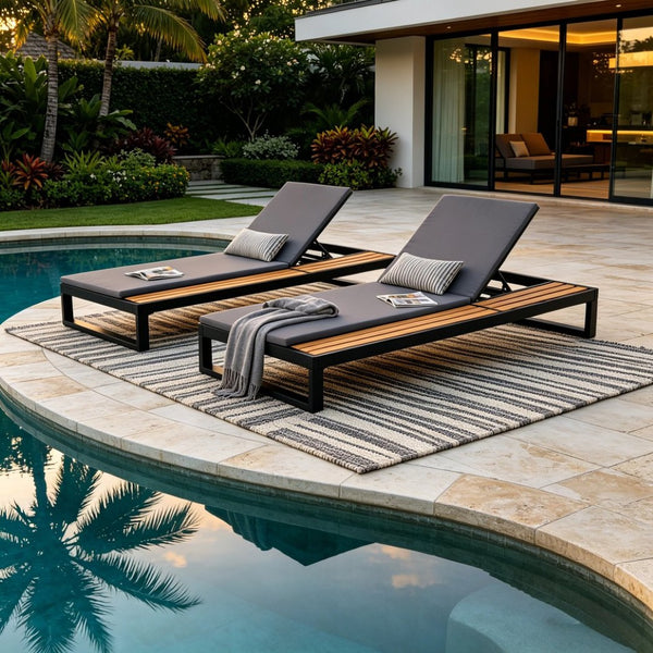 English Elm Black Iron and Acacia Wood Outdoor Chaise Lounge with Five Position Backrest Storage Dark Grey N770P453069B_N770P253018G