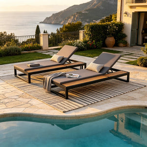 English Elm Black Iron and Acacia Wood Outdoor Chaise Lounge with Five Position Backrest Storage Dark Grey N770P453069B_N770P253018G