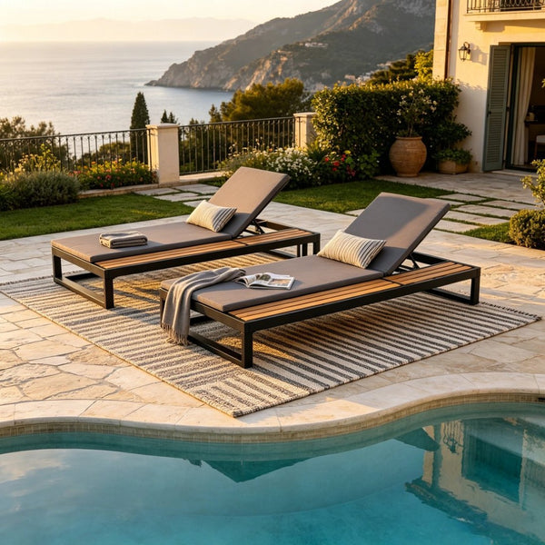 English Elm Black Iron and Acacia Wood Outdoor Chaise Lounge with Five Position Backrest Storage Dark Grey N770P453069B_N770P253018G