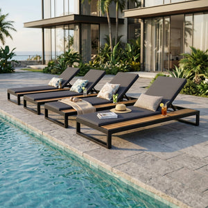 English Elm Black Iron and Acacia Wood Outdoor Chaise Lounge with Five Position Backrest Storage Dark Grey N770P453069B_N770P253018G