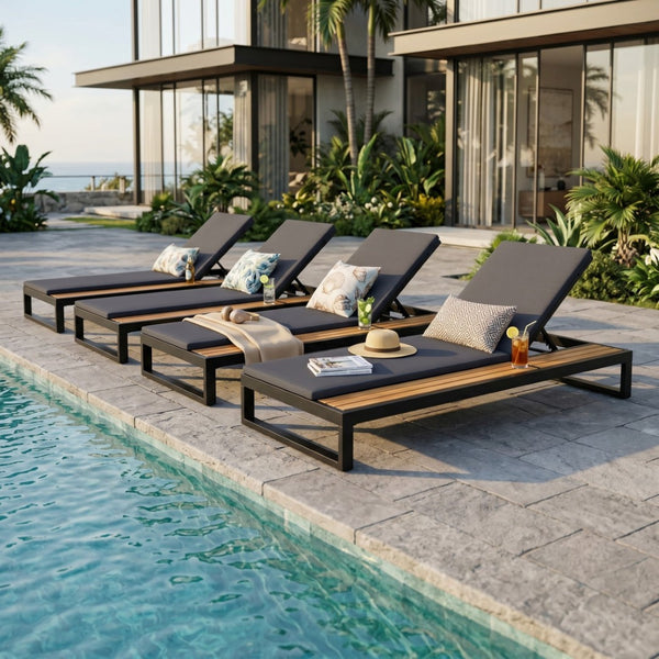 English Elm Black Iron and Acacia Wood Outdoor Chaise Lounge with Five Position Backrest Storage Dark Grey N770P453069B_N770P253018G