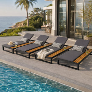 English Elm Black Iron and Acacia Wood Outdoor Chaise Lounge with Five Position Backrest Storage Dark Grey N770P453069B_N770P253018G