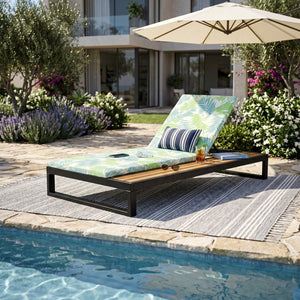 English Elm Black Iron and Acacia Wood Outdoor Chaise Lounge with Five Position Backrest Storage Leaf Coconut N770P453069B_N770P253018L