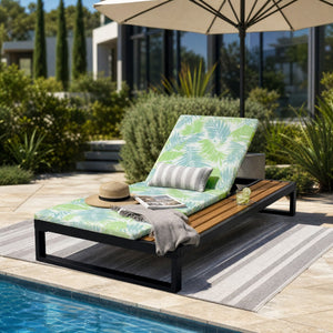 English Elm Black Iron and Acacia Wood Outdoor Chaise Lounge with Five Position Backrest Storage Leaf Coconut N770P453069B_N770P253018L