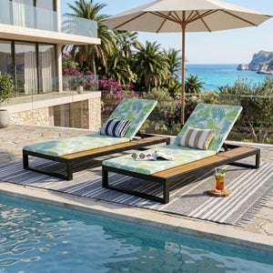 English Elm Black Iron and Acacia Wood Outdoor Chaise Lounge with Five Position Backrest Storage Leaf Coconut N770P453069B_N770P253018L